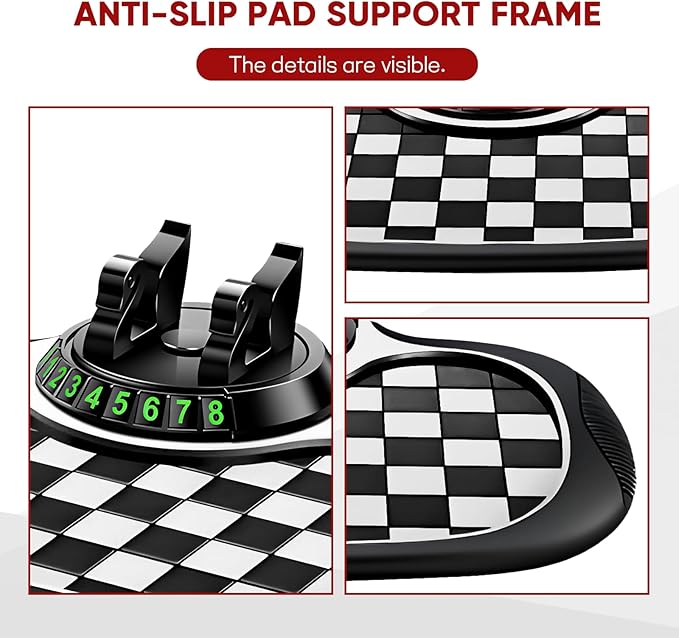 Wuyaoyao Multifunction Car Anti-Slip Mat Auto Phone Holder, PVC Car Dashboard Non-Slip Pad Phone Mount with Temporary Parking Number, Automotive Sticky Dash Pad for Phones, Keys, Gadgets (Black+White)