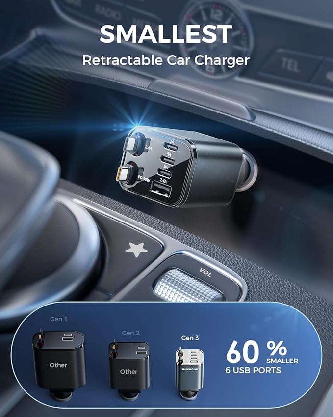 SUPERONE Retractable Car Charger, [Ultra-Compact] 6-Port Car Charger USB C, iPhone Car Chargers Fast Charging with Dual USB C Cables, Car Accessories Phone Chargers for iPhone 17/16/15/14/13/12 Series