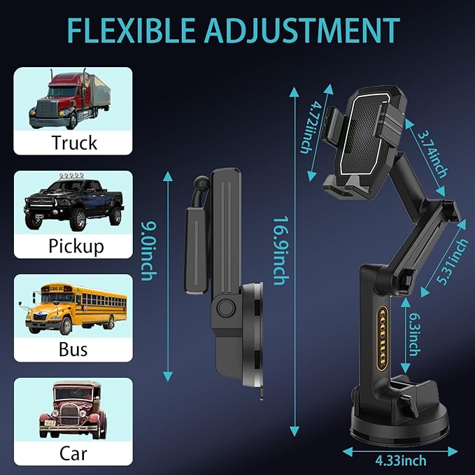 Topsolar Phone Mount for Truck Phone Holder for Truck - Heavy Duty Super Suction Cup, Mobile Device Holder Dashboard Window 16.9 inch Long Arm & Stable, iPhone & Samsung Compatible, Semi Trucker