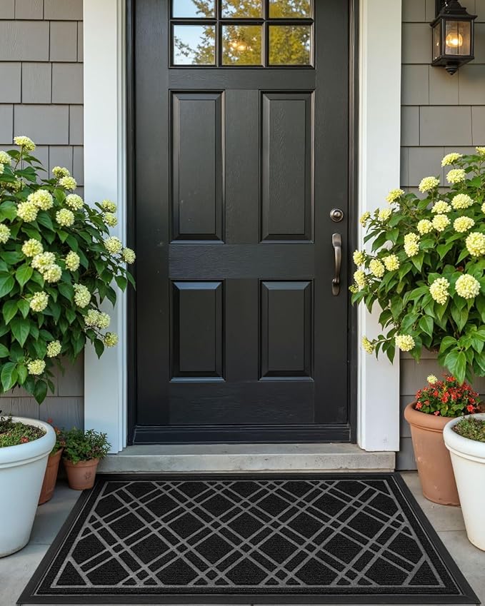 DEXI Front Door Mat Outside Entrance, All-Season Heavy Duty Rubber Doormat, Fade Resistant, Low-Profile, Easy Clean Patio Entryway, 17x29, Weave Black