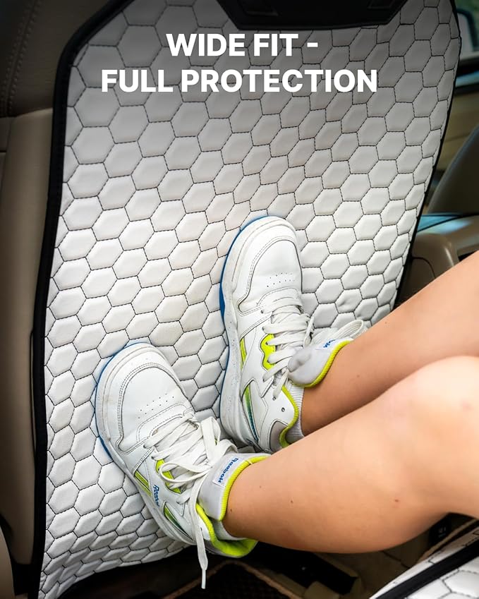 Owleys Kick Mat Back Seat Protector - Car Back Seat Cover for Kids Feet - Waterproof & Sturdy Protector for Upholstery from Dirt, Mud, Scratches and Stain (White)
