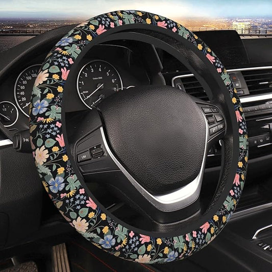 Flowers and Strawberries Steering Wheel Cover for Men Women Universal Car Accessories 15 Inch Neoprene Auto Interior Decor