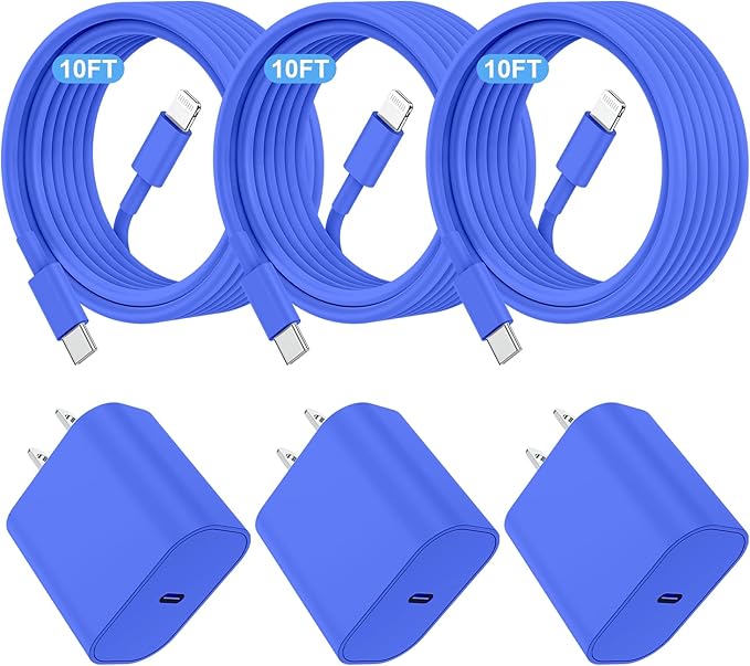 i Phone Charger Fast Charging 10 FT, 3-Pack 20W PD USB C Block with i Phone 14 13 Charger Cable 10 Foot, Compatible with iPhone 14 Pro 13Pro Max 12 11Pro Mini-Blue