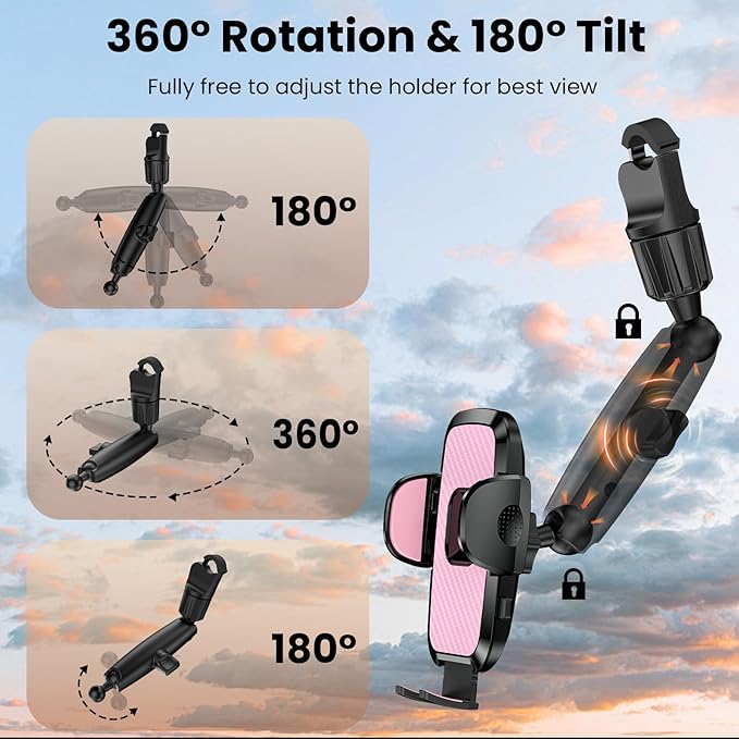 Rear View Mirror Phone Holder, 360° Rotating Car Phone Holder Mount Compatible with All 4-7 Inch iPhone and Android Cell Phones (Pink)