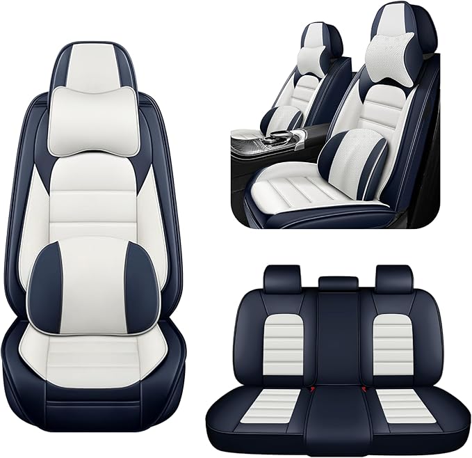 5 Car Seat Covers for Toyota RAV4 2000-2026 Breathable Leather,Waterproof Car Seat Protectors with Comfort Headrest Pillows,Automotive Vehicle Cushion with Storage Pockets (Luxury,Blue)