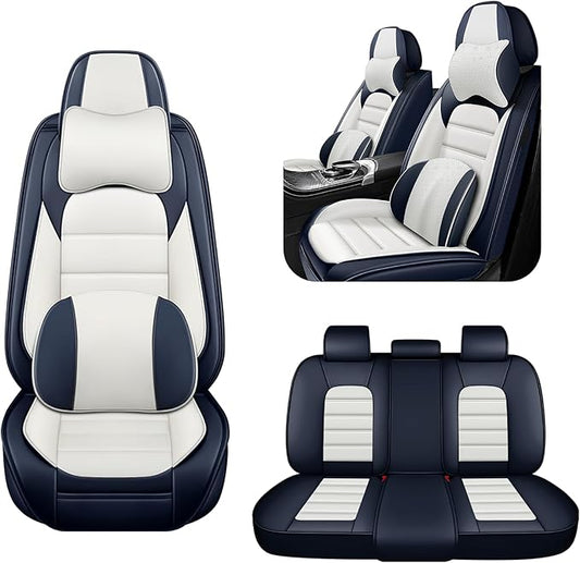 5 Car Seat Covers for Toyota RAV4 2000-2026 Breathable Leather,Waterproof Car Seat Protectors with Comfort Headrest Pillows,Automotive Vehicle Cushion with Storage Pockets (Luxury,Blue)