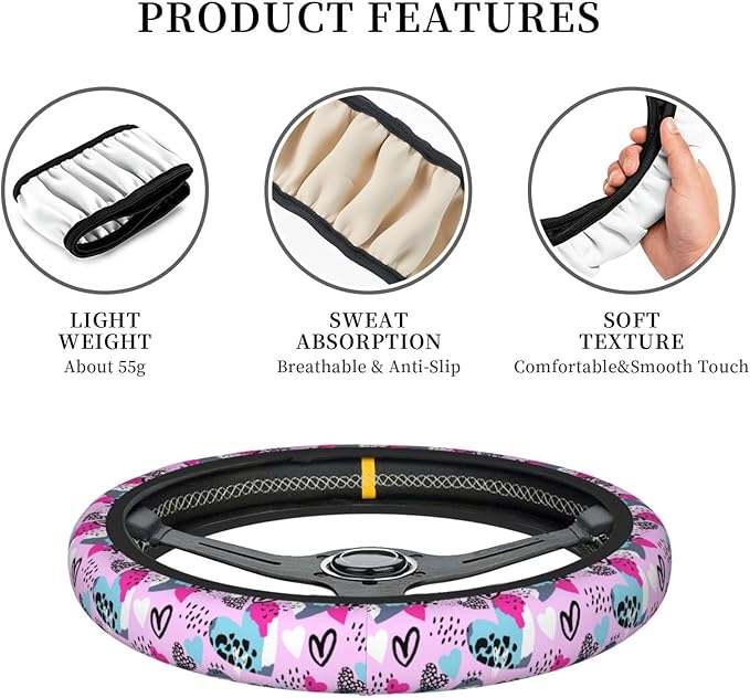 Dujiea Leopard Print with Hearts Elastic Stretch Steering Wheel Cover, Anti-Slip and Durable Car Steering Wheel Accessories for Women Men, 15 Inch Universal Fit Car, Truck, SUV