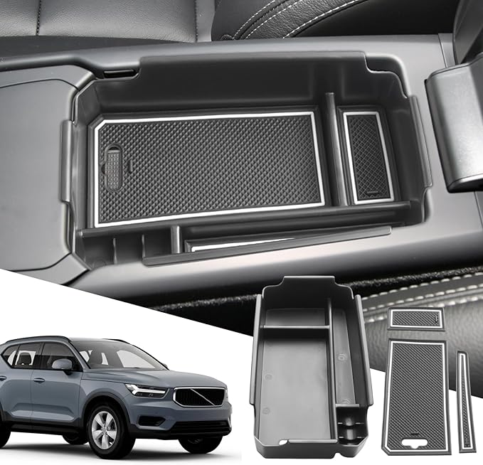SXCY for 2018-2024 2025 XC40 Center Console Organizer for Volvo XC40 Accessories 2024 2025 XC40 Center Console Tray 2024 XC40 Armrest Console Organizer(White Mats)