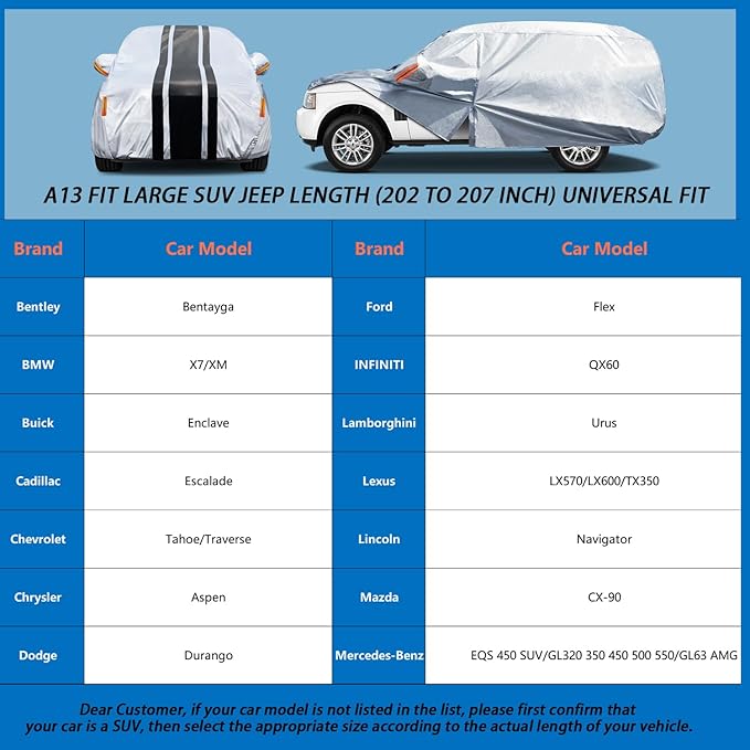 [2025 Upgrade] Heavy Duty 10-Layer SUV Car Cover Waterproof All Weather. Outdoor Full Exterior Covers for Chevrolet Tahoe, BMW X7, Dodge Durango, etc. Size A13 (Length 202 to 207 inch)