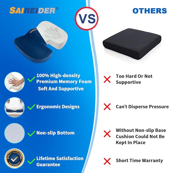 SAIREIDER Chair Cushions for Office, Memory Foam Coccyx Cushion Pads for Tailbone Pain, Car Seat Cushion, Sciatica Relief Pillow, Correct Sitting Posture (Navy Blue)