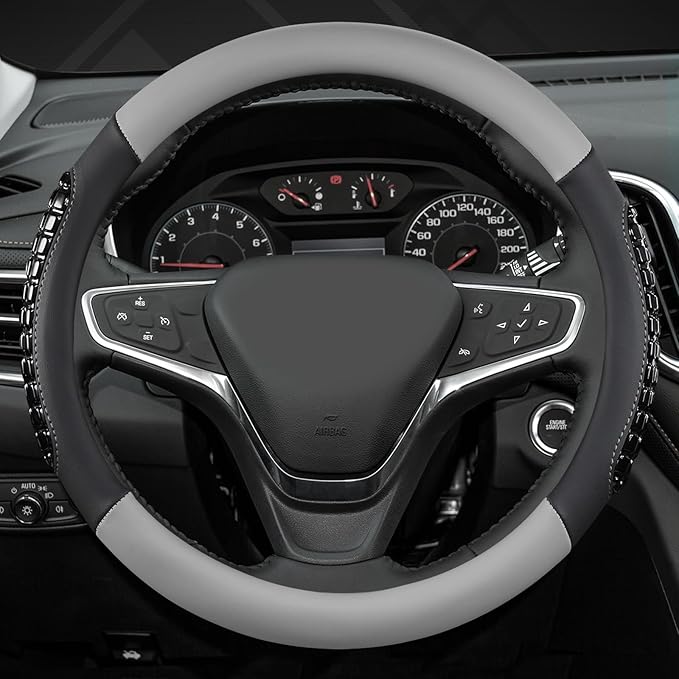 West Llama Nappa Leather Car Steering Wheel Cover Gel Massage,Cool in Summer,Universal 15 inch(Gray+Black-Standard Size)
