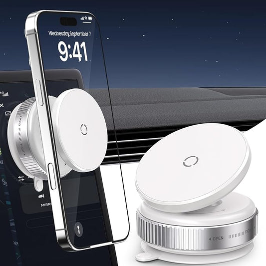 360° Rotatable Vacuum Magnetic Phone Holder, Adjustable Hands-Free Suction Cup Car Phone Mount for Car/Gym/Mirror/Smooth Surface, Compatible with iPhone Android and All Smartphones (White)