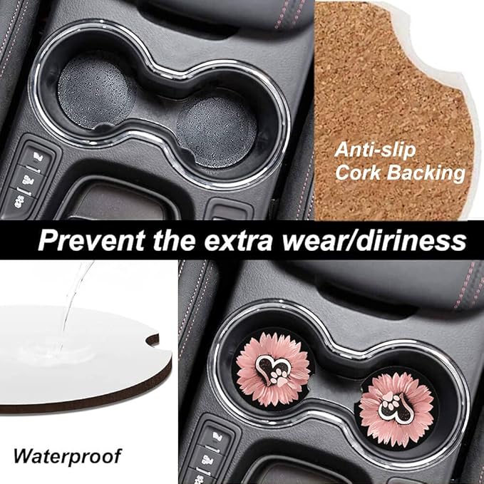 Sunflower Pink Flowers Dog paw Absorbent Cup Holders Car Coasters,Ceramic Stone Drinks Coaster Set for Women Man 2.56"(2 Pack)