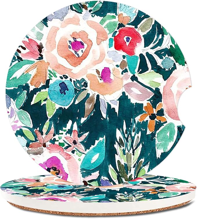 Water Color Floral Absorbent Cup Holders Car Coasters,Ceramic Stone Drinks Coaster Set for Women Man 2.56"(2 Pack)