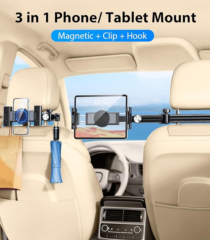3 in 1 Extension Arm Tablet Holder for Car Headrest with Magnetic Phone Mount Compatible with Magsafe, Adjustable iPad Holder for Car Backseat Rear Facing for Kids Baby, Fit for 4.7"-13", Black
