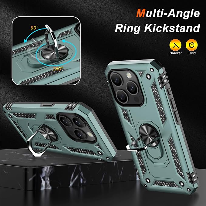 IKAZZ for iPhone 14 Pro Max Case 6.7 Inch with Screen Protector,Military Grade Shockproof Heavy Duty Protective Phone Cover Pass 16ft Drop Test with Magnetic Kickstand Car Mount Holder,Pine Green