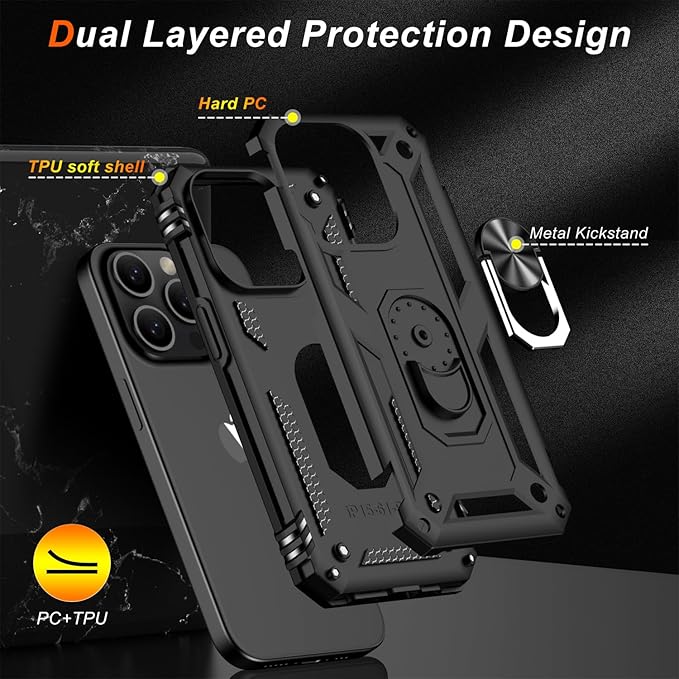 IKAZZ for iPhone 14 Pro Max Case 6.7 Inch with Screen Protector,Military Grade Shockproof Heavy Duty Protective Phone Cover Pass 16ft Drop Test with Magnetic Kickstand Car Mount Holder,Black