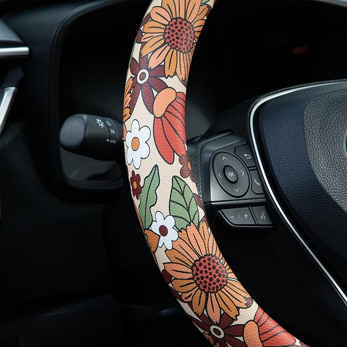 Sunflower Retro Steering Wheel Cover Auto Jacquard Steering Wheel Protector, Anti-Slip, Breathable, Absorbing Sweat, Universal Car Accessories 14.5–15 inch,Fit for Most Car, Trucks, SUV