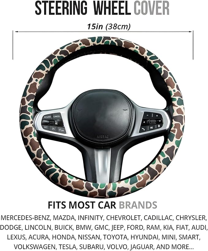 Army Camo Steering Wheel Cover Auto Steering Wheel Protector, Anti-Slip, Breathable, Absorbing Sweat, Universal Camo Car Accessories 14.5–15 inch,Fit for Most Car, Trucks, SUV