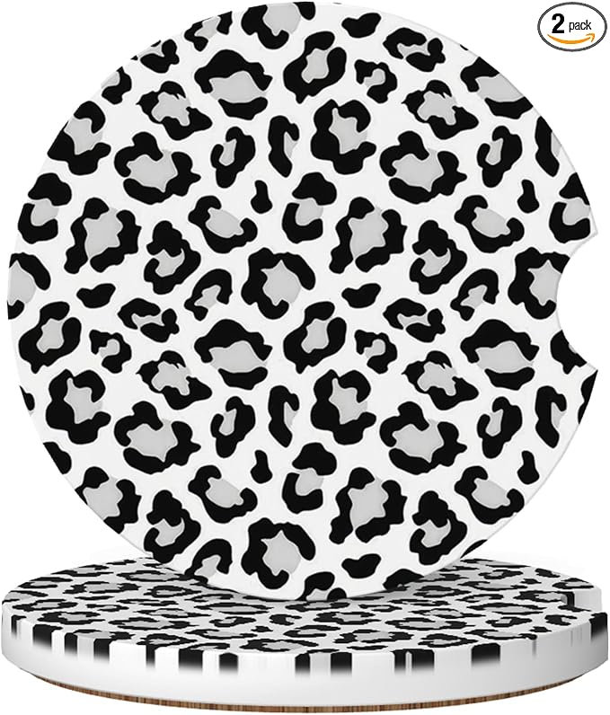 Absorbent Car Coasters for Cup Holders, 2 Pack Universal Anti Slip Ceramic Cup Coaster for Women Men 2.56 Inch Car Interior Accessories - White Grey Leopard 004