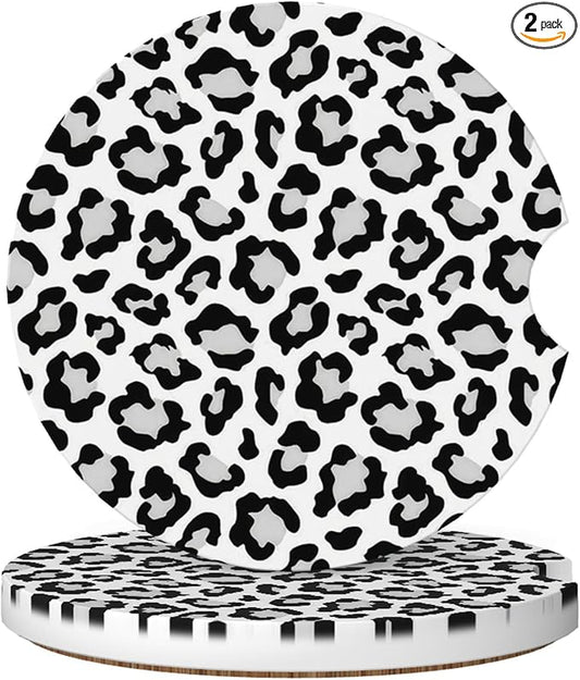 Absorbent Car Coasters for Cup Holders, 2 Pack Universal Anti Slip Ceramic Cup Coaster for Women Men 2.56 Inch Car Interior Accessories - White Grey Leopard 004