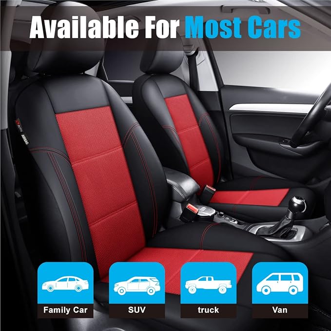 P&J AUTO Leather and Mesh Car Seat Cover Front Pair Universal Fit for Cars Trucks Vans & SUVs Airbag Compatible (Red)