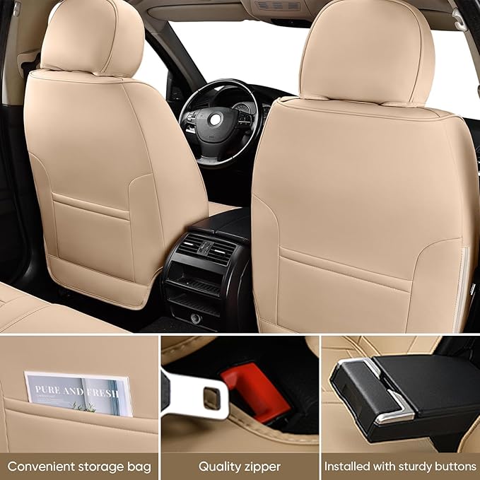 Auto Car Seat Covers Accessories Full Set Leather Cushion Protector Breathable Waterproof Seat Cover for Cars Universal Fit (Beige, Front Pair and Rear)