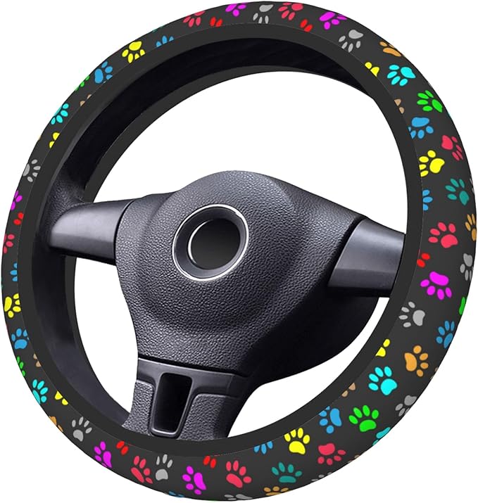 Dog Paw Steering Wheel Cover for Women Men, 15 Inches Colorful Animal Paws Neoprene Anti-Slip Cute Universal Car Steering Wheel Grip Wrap Car Accessories Protective Case Cover for Vehicle Truck SUV