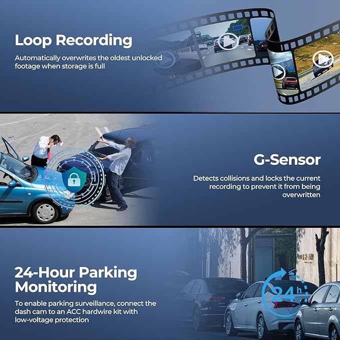 High Resolution 4 Channel Dash Camera,1080P 3.0in Display with Night Vision, G Sensor for Car DVR Functionality, WiFi and ADAS Mic