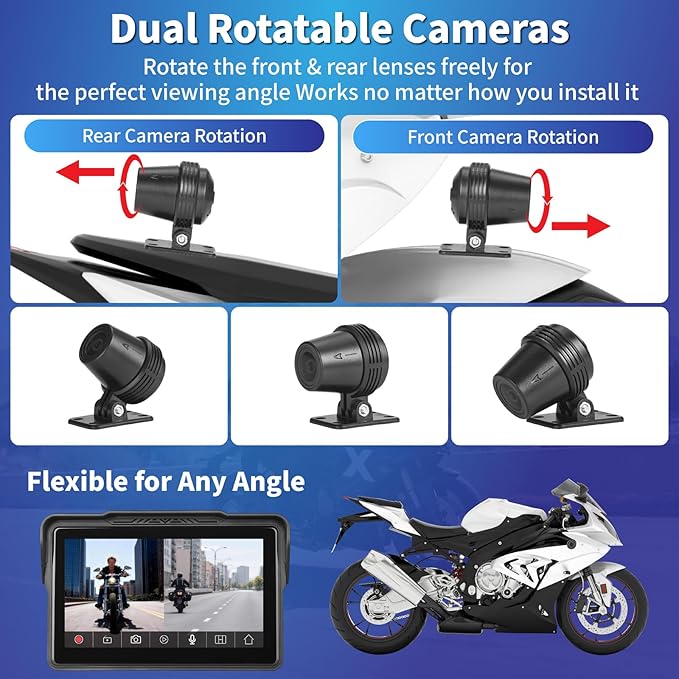 Motorcycle CarPlay Screen 7", Waterproof GPS Display for Motorbike, Wireless CarPlay & Android Auto para Moto, Dual Bluetooth, Touchscreen, Music Sharing Siri (7" CarPlay + Dual Camera)