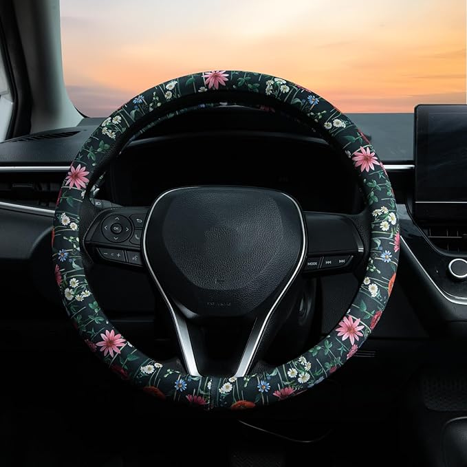Wild Flowers Steering Wheel Cover Auto Steering Wheel Protector, Anti-Slip, Breathable, Absorbing Sweat, Universal Floral Car Accessories 14.5–15 inch,Fit for Most Car, Trucks, SUV