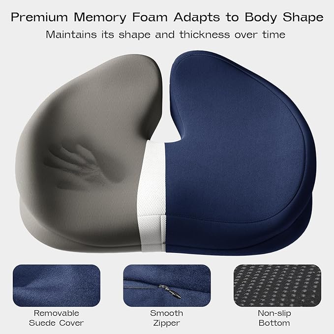 Seat Cushions for Office Chairs - Ergonomic Tailbone Pain Pressure Relief Seat Cushion - Extra Large & Thick Design Memory Foam Office Chair Cushion, 21.2" W X 16.5" L (Blue)