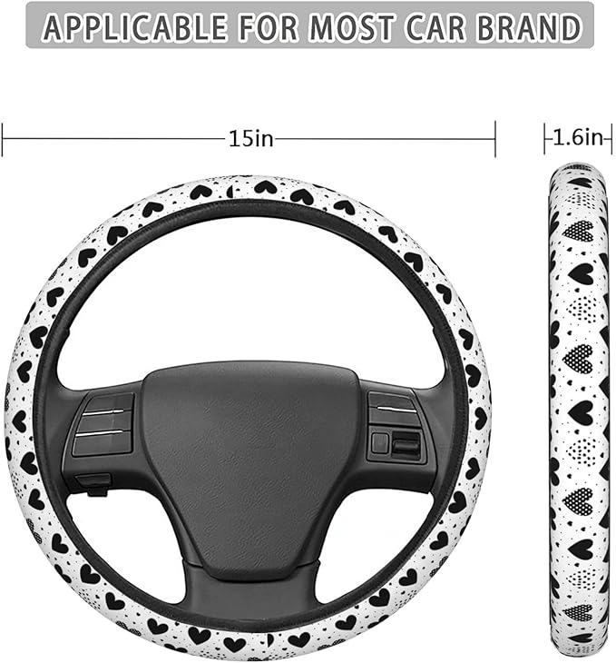 White Black Hearts Polka Dots Love Steering Wheel Covers Anti-Slip Elasticity Car Accessories Steering Wheel Protector Universal 15 Inch for Cars SUV Vehicle Truck