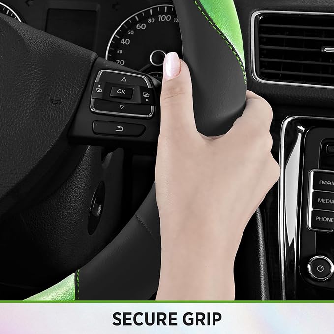 Road Comforts Steering Wheel Cover – Breathable Leather Steering Wheel Cover, Anti-Slip Grip, Universal Fit 14.5” to 15”, Heat & Cold Resistant for Cars, SUVs, and Trucks – Black & Shining Green