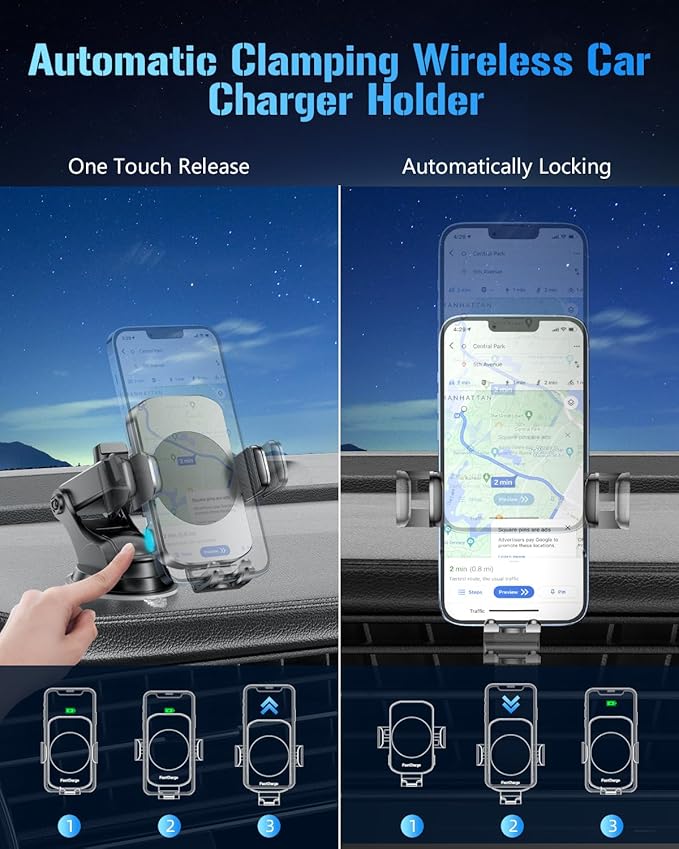 Wireless Car Charger, Fast Charging Phone Holder 3 in 1 Phone Mount Auto Clamping Car Accessories Compatible with iPhone 17 16 15 14 13 12 11 Xs XR, Samsung S23 Ultra S22 S21 S20(Space Grey)