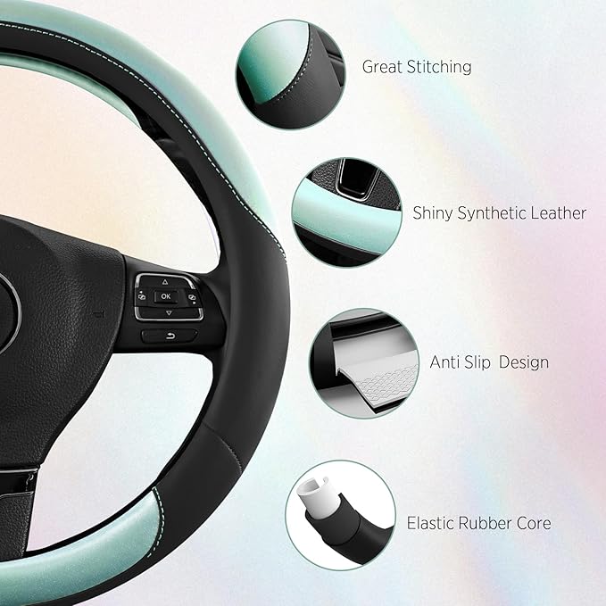 Road Comforts Steering Wheel Cover – Breathable Leather Steering Wheel Cover, Anti-Slip Grip, Universal Fit 14.5” to 15”, Heat & Cold Resistant for Cars, SUVs, and Trucks – Black & Shining Light Blue