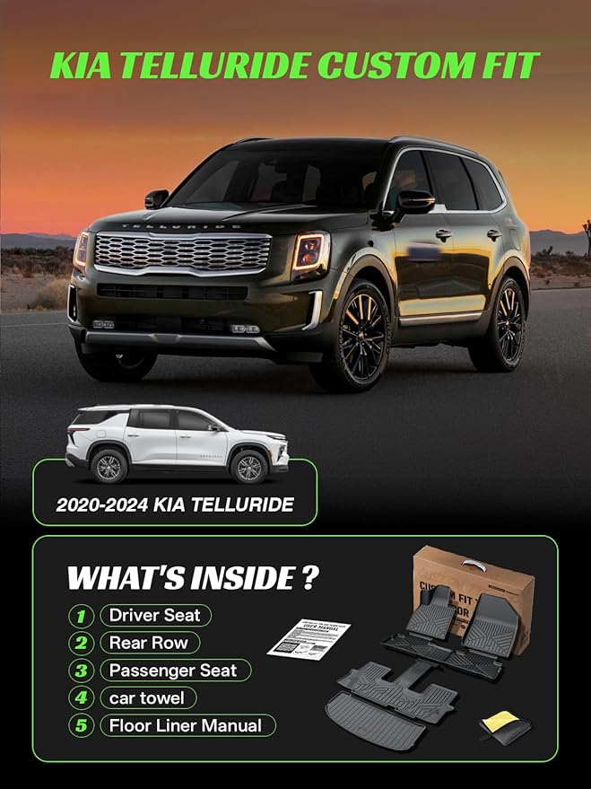 TPE All-Weather Floor Mats for Kia Telluride 2020-2025 | Custom Fit Floor Mats Liners 3 Row & Cargo Liner Car Mats,Durable, Odorless, Easy to Clean (5-Piece Set, Black)
