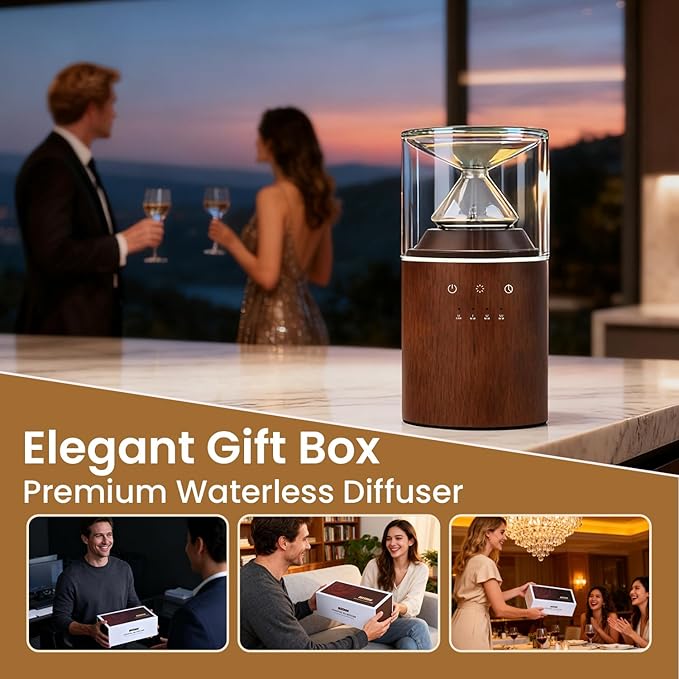 Waterless Essential Oil Nebulizing Portable Wireless Diffuser, Premium Glass and Solid Wood Aroma Diffuser for Home Office Bedroom Car, Elegant Gift Packaging with Essential Oil 10ml (Orange)
