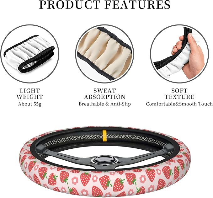 Pink Car Accessories Cute Strawberry Flower Steering Wheel Cover Women Car Steering Wheel Covers Protector Universal 15 Inch