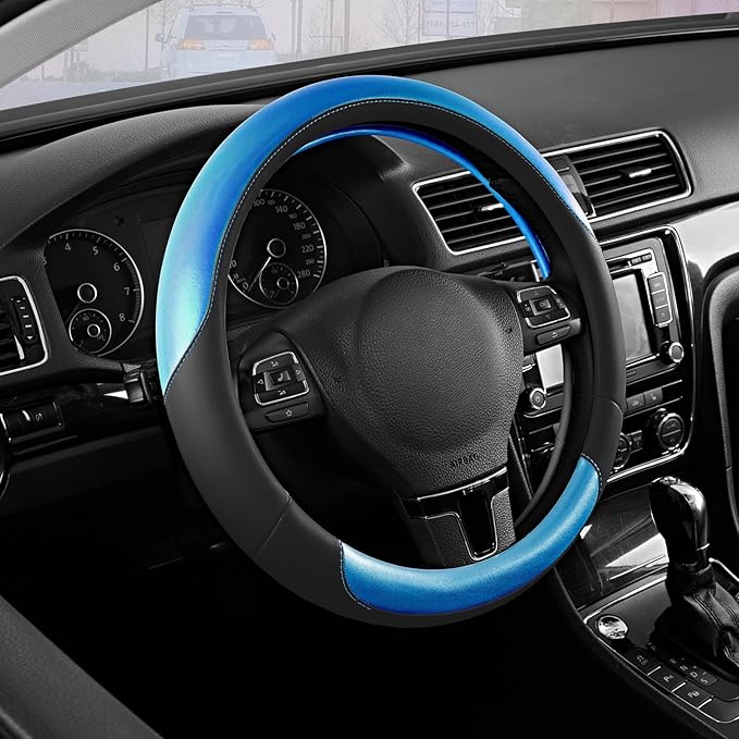 Road Comforts Steering Wheel Cover – Breathable Leather Steering Wheel Cover, Anti-Slip Grip, Universal Fit 14.5” to 15”, Heat & Cold Resistant for Cars, SUVs, and Trucks – Black & Metallic Blue