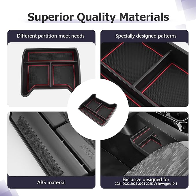 LUWU 2025 VW ID4 Lower Center Console Tray Storage Box for 2021 2022 2023 2024 2025 VW ID.4 Accessories 2025 ID 4 Armrest Console Organizer ABS Material Red-Trim