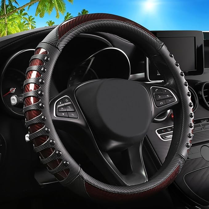 3D Massage Car Steering Wheel Cover,14.5-15 Inch Universal Brown Carbon Fibre Leather Covers Breathable Anti-Slip Odorless Steering Wheels Accessories for Men Women