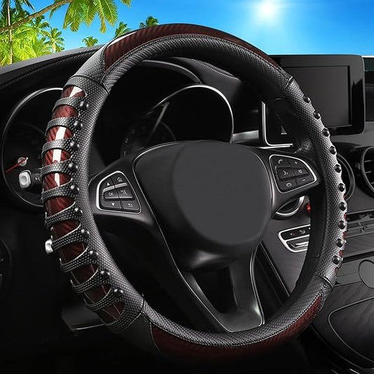 3D Massage Car Steering Wheel Cover,14.5-15 Inch Universal Brown Carbon Fibre Leather Covers Breathable Anti-Slip Odorless Steering Wheels Accessories for Men Women