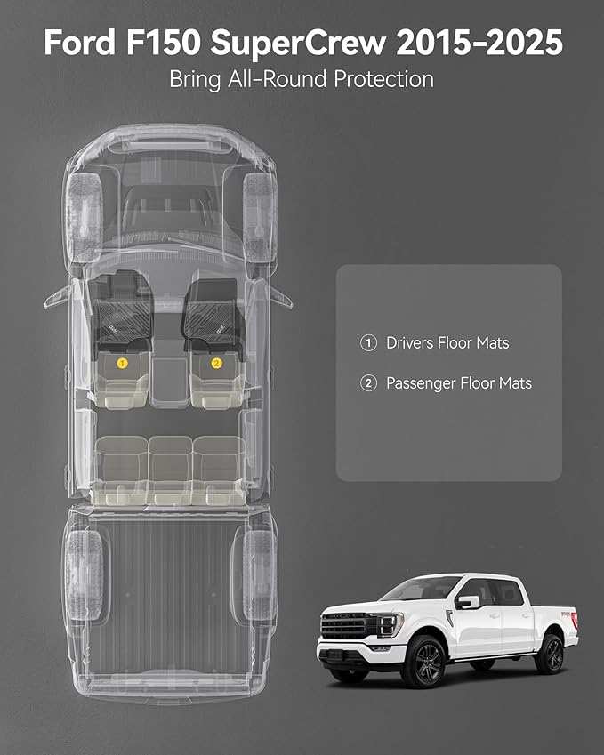 3W Floor Mats Fit for Ford F150/F-150 Lightning SuperCrew Cab 2015-2024 2025, TPE All Weather Custom Fit Car Accessories 1st Only Car Liners Black (Not Fit for Vinyl Floor)