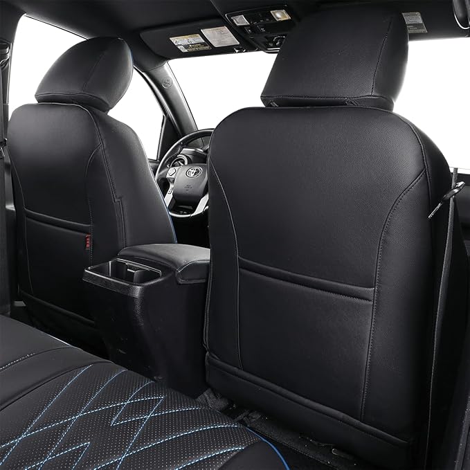 EKR Custom Fit Tacoma Front Row Leather Car Seat Covers for Toyota Tacoma 2012 2013 2014 2015 (Regular Seats) -Front Row Only, Leather (Black with Blue Trim)