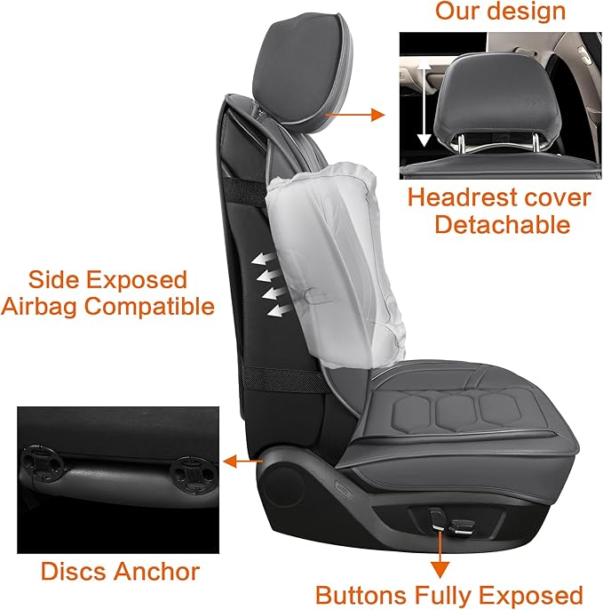 Pariitadin Leather Car Seat Covers Full Set, Waterproof Breathable Faux Leather Automotive Seat Covers for Cars, Non-Slip Car Interior Covers Universal Fit Most Cars Sedans Trucks SUVs, Gray