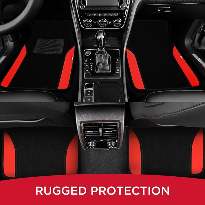 Rubbermaid Car Mats, Carpeted Floor Car Mat with Faux Leather & Built-in Heel Pad, Two-Tone Car Rug Floor Mats, Stylish Carpeted Floor Mats for Cars, Trucks & SUVs Red Color