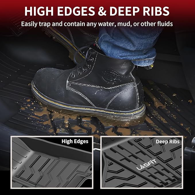 LASFIT Floor Mats for Ram 1500/2500/3500 Crew Cab 2013-2018 Front, for Ram 1500 Classic Crew Cab 2019-2024 All Weather TPE Custom Fit Car Mats Truck Front Liners 1st Row Only, Black
