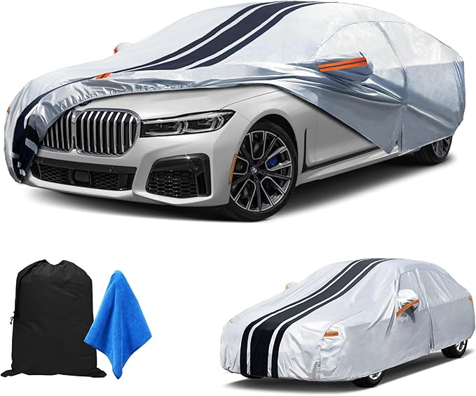 [2025 Upgrade] 10-Layer Car Cover Waterproof All Weather. Outdoor Full Exterior Covers for Automobiles Fit Dodge Charger Challenger,BMW 6 Series, Cadillac CT6. Size A9 (Length 204 to 208 inch)