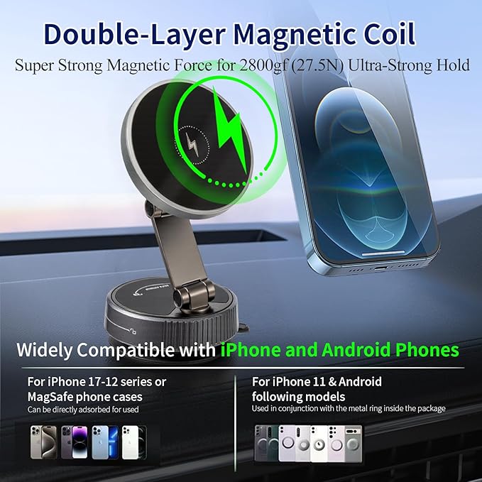 For iPhone MagSafe Car Mount Charger[15W Fast Wireless Charging, 120LBS Strongest Suction, 2800gf Strong Magnetic]360° Rotation Adjustable Car Phone Holders for Your Car Dashboard/Windshield